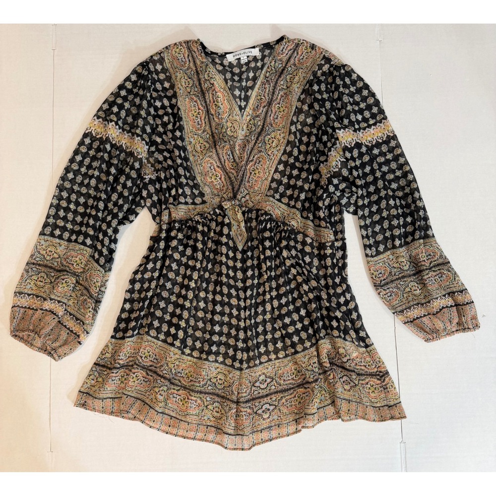 Rose + Olive Boho Peasant Flowy Black Paisley Print Long Sleeve Babydoll Large
